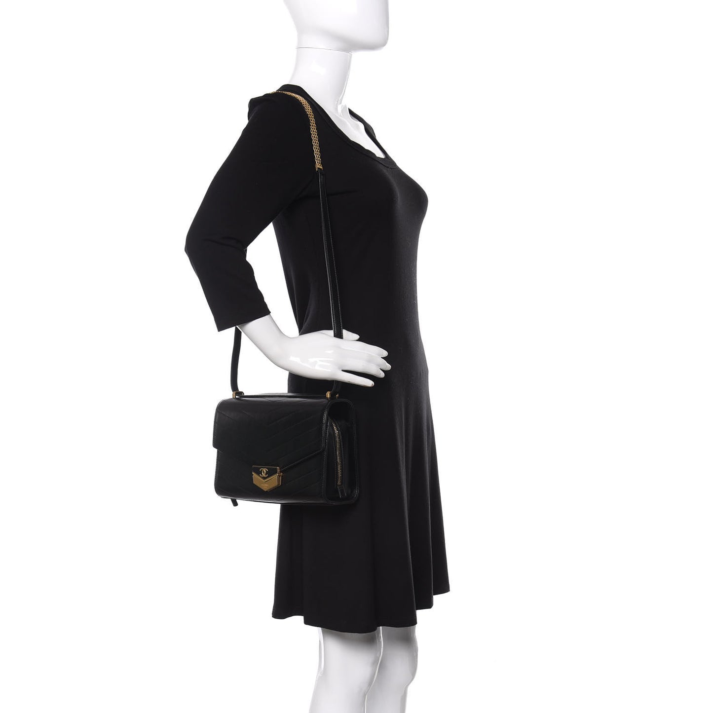 Calfskin Chevron Quilted Medal Flap Black