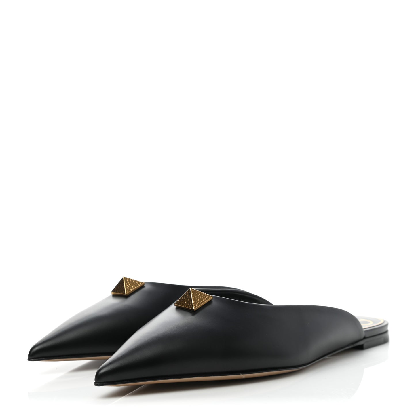 Calfskin Roman Stud Pointed Flat Mules 38.5 Black