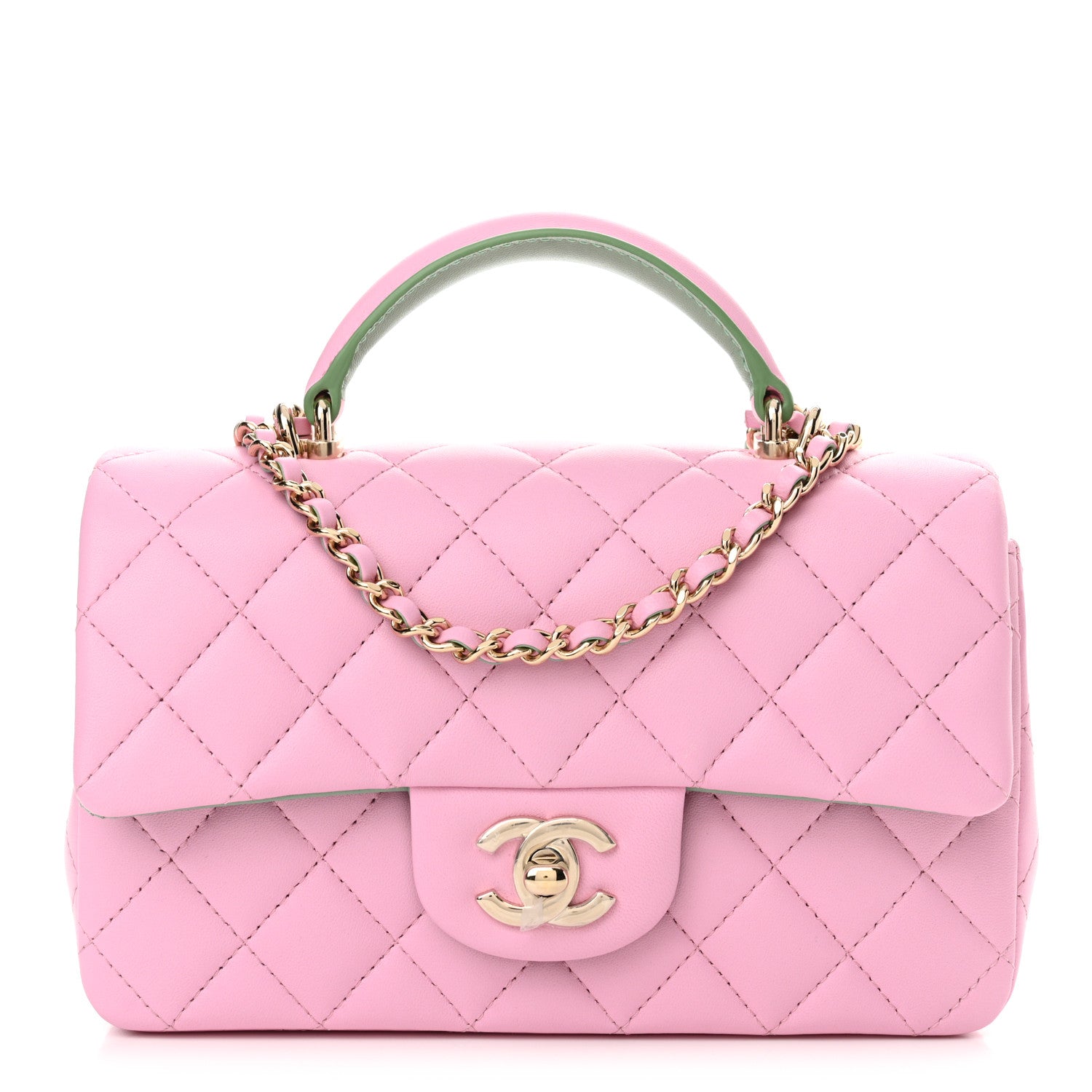 Chanel Lambskin Quilted Mini Top Handle Rectangular Flap Pink Green 1 of 11