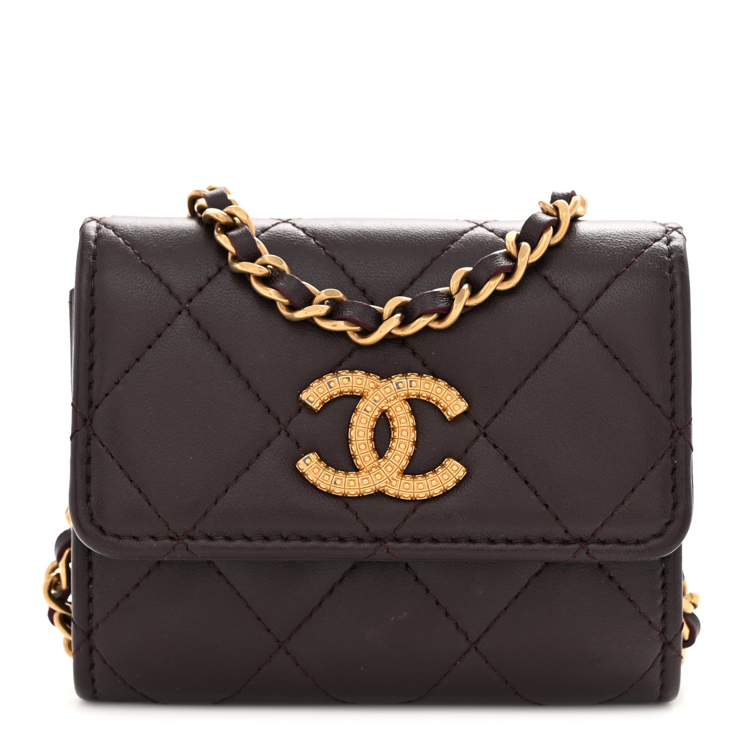 Chanel Lambskin Quilted Studded CC Clutch With Chain Dark Purple