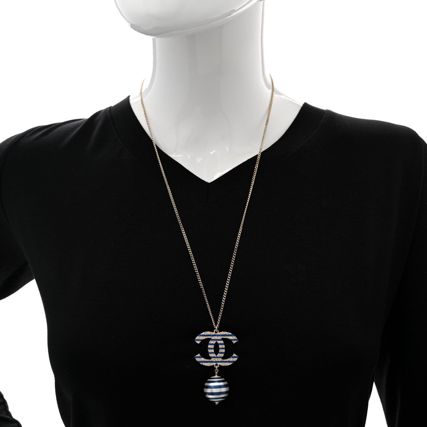 Resin Pearl Striped CC Drop Necklace Blue Gold