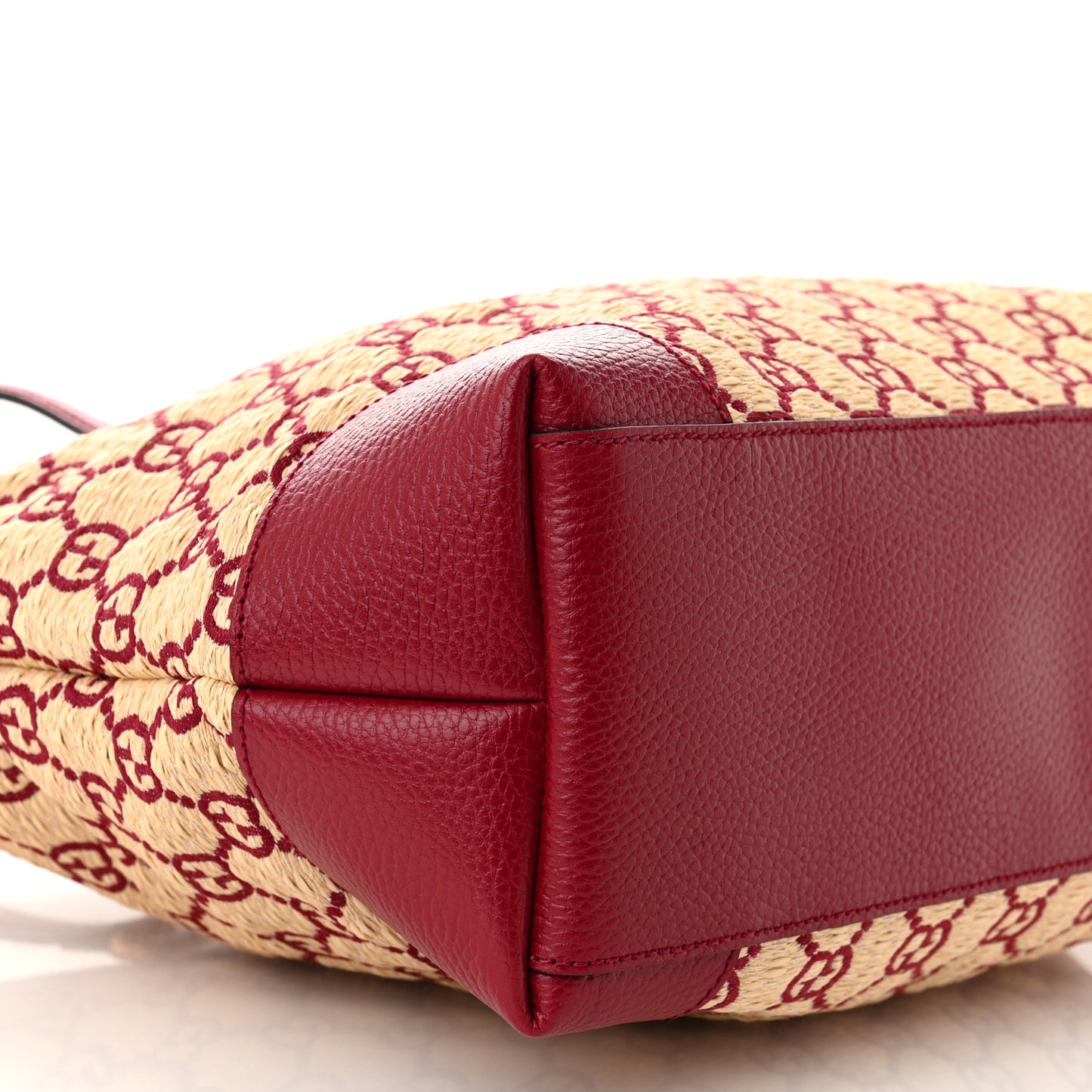 Straw Jacquard Dollar Calfskin GG Monogram Medium Ophidia Shopping Tote Natural New Cherry Red