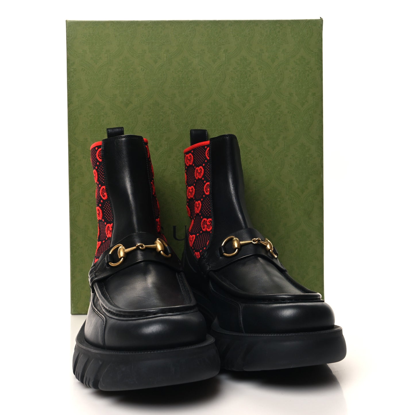 Quebec Calfskin Technical Jersey Knit GG Monogram Mens Horsebit Ankle Boots 10 Black Light Hibiscus Red