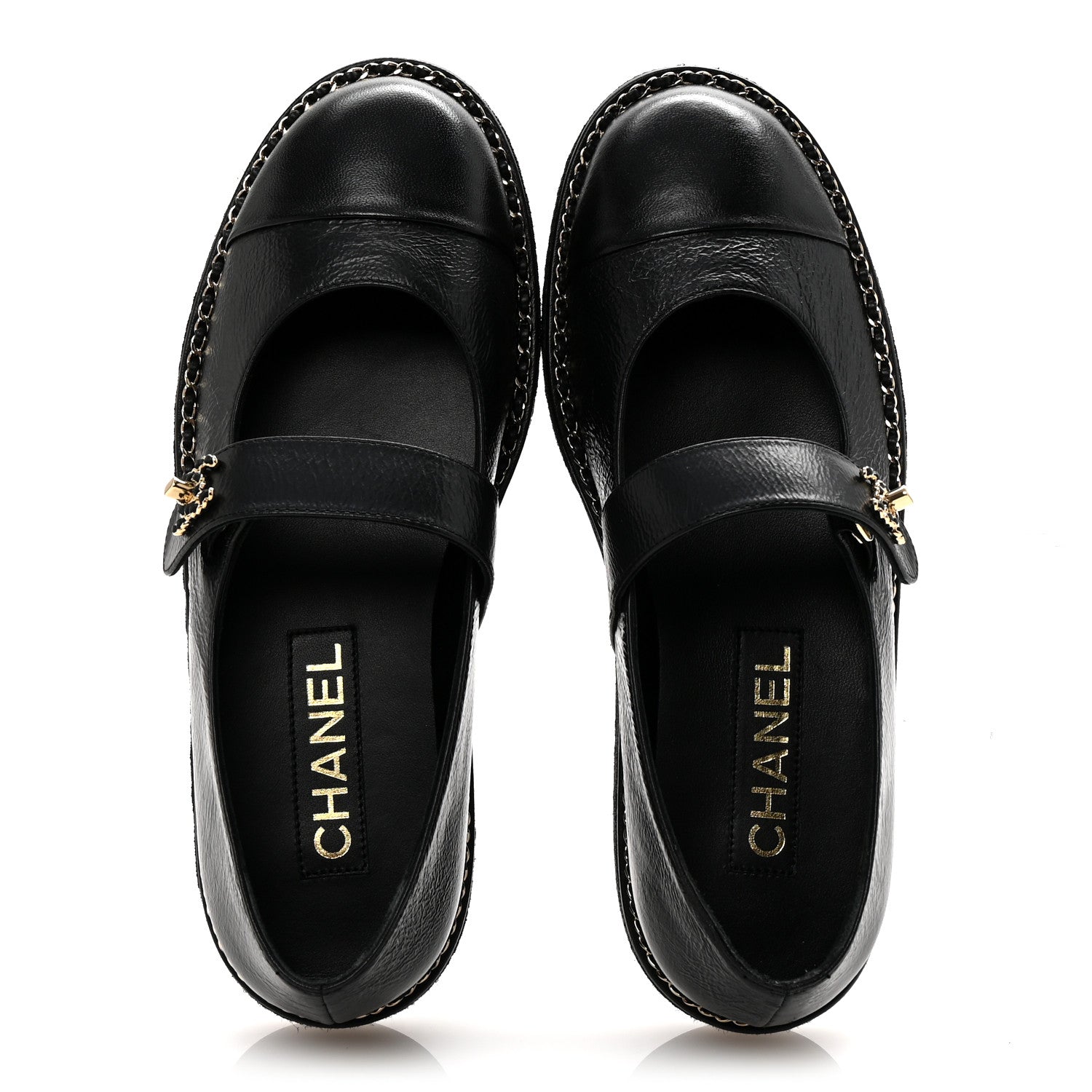 Chanel Crumpled Lambskin Cap Toe Chain CC Turnlock Mary Jane Flats 37 Black 2 of 9