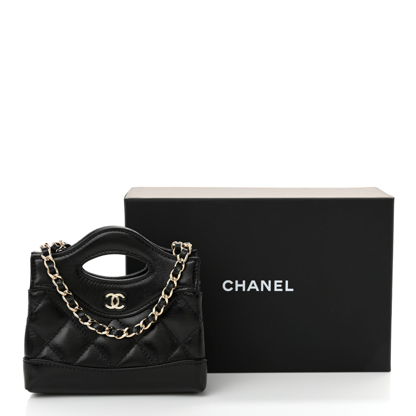Shiny Lambskin Quilted Micro 31 Clutch With Chain Black