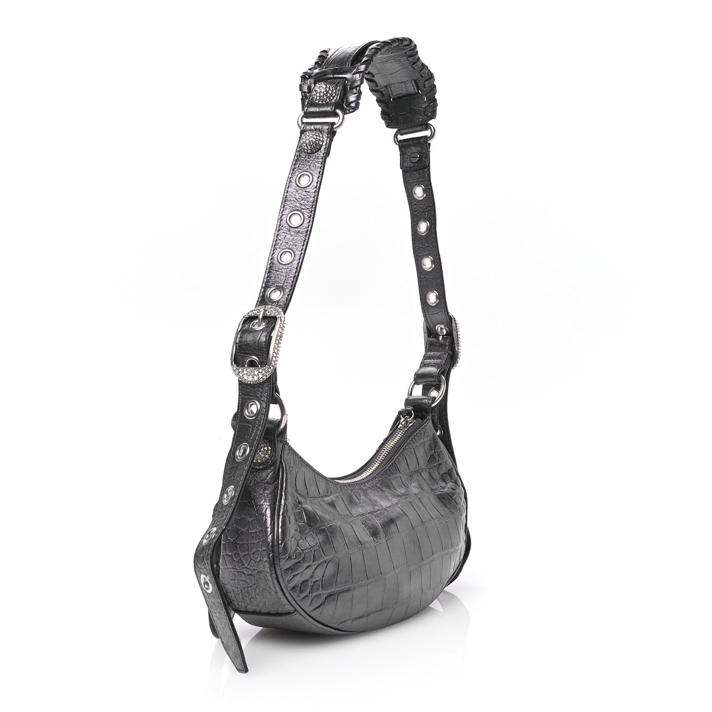 Extra Supple Calfskin Crystal Crocodile Embossed Le Cagole Shoulder Bag XS Gunmetal