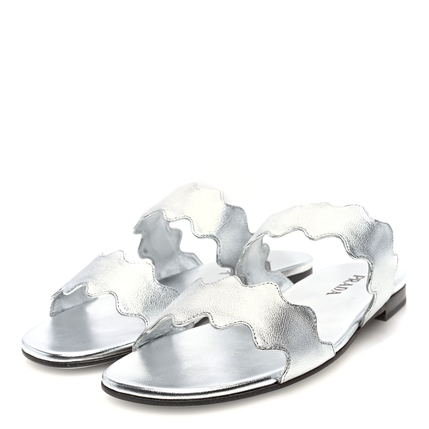 Metallic Goatskin Scalloped Slide Sandals 36 Argento