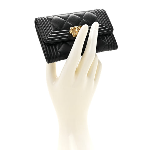 Lambskin Quilted Boy Flap Card Holder Black