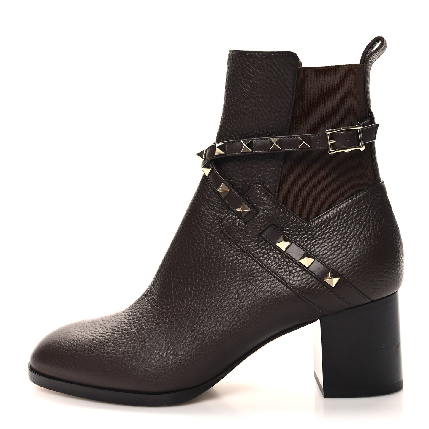 Pebbled Calfskin Rockstud Double Buckle 70mm Block Heel Ankle Boots 39.5 Fondant