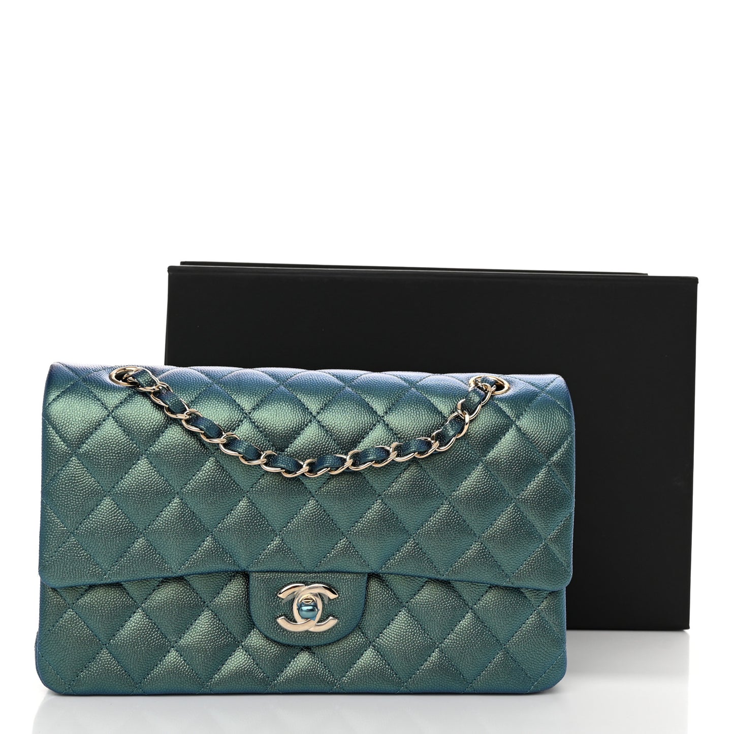 Iridescent Caviar Quilted Medium Double Flap Green