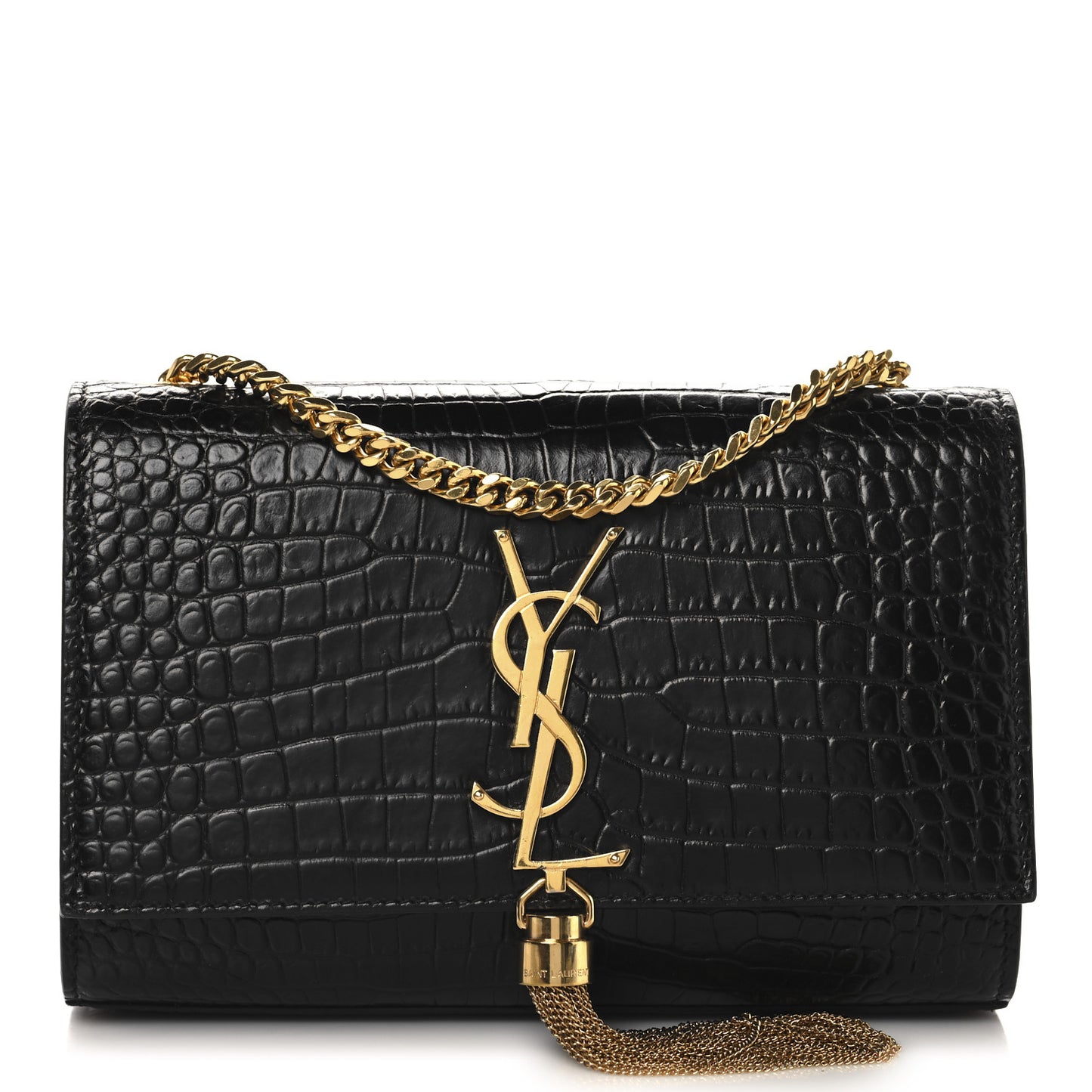 Calfskin Crocodile Embossed Small Classic Monogram Kate Tassel Satchel Black