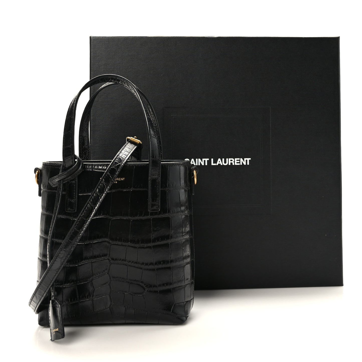 Calfskin Crocodile Embossed Paris Mini Toy Shopper Tote Black