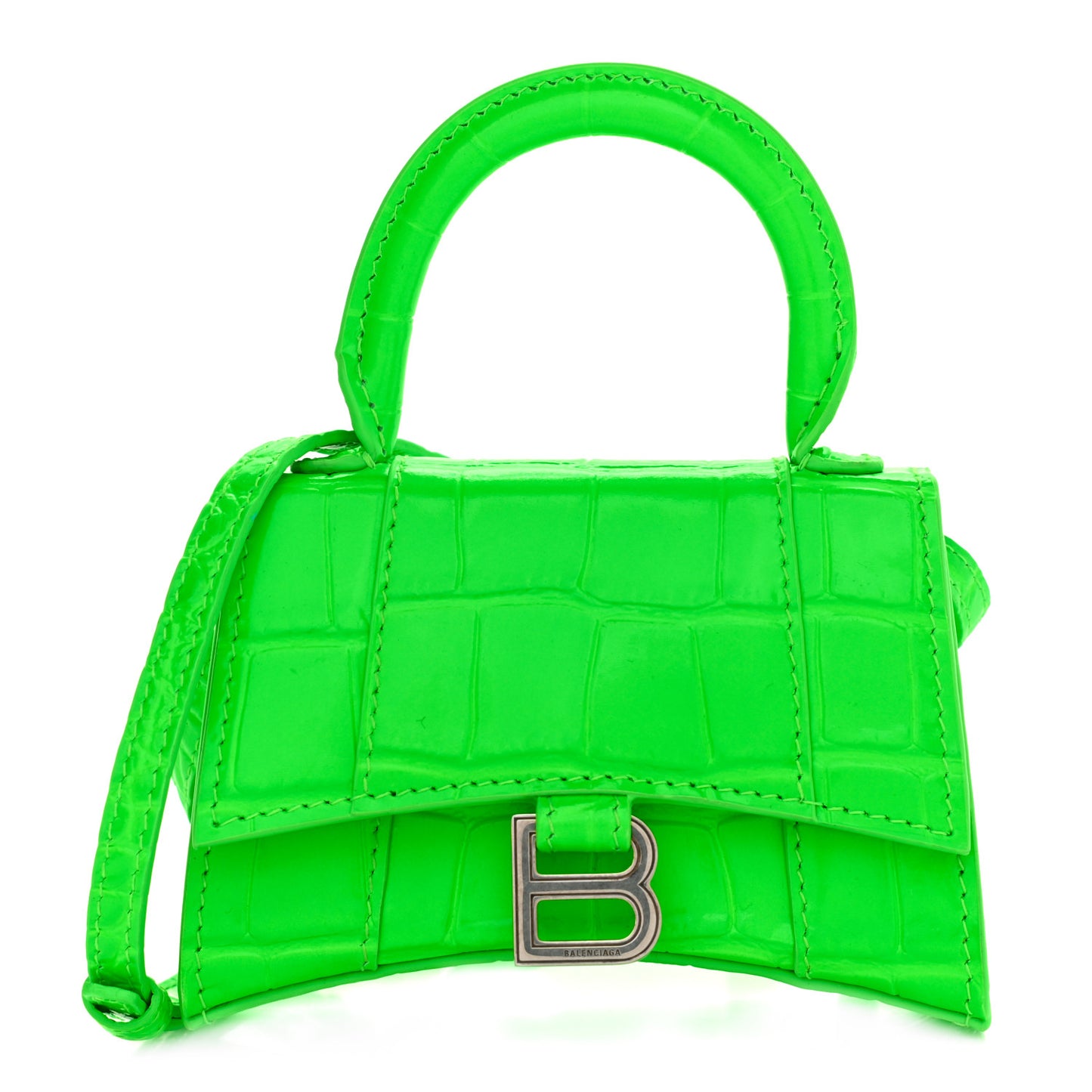 Shiny Calfskin Crocodile Embossed Hourglass Top Handle Bag Mini Fluo Green