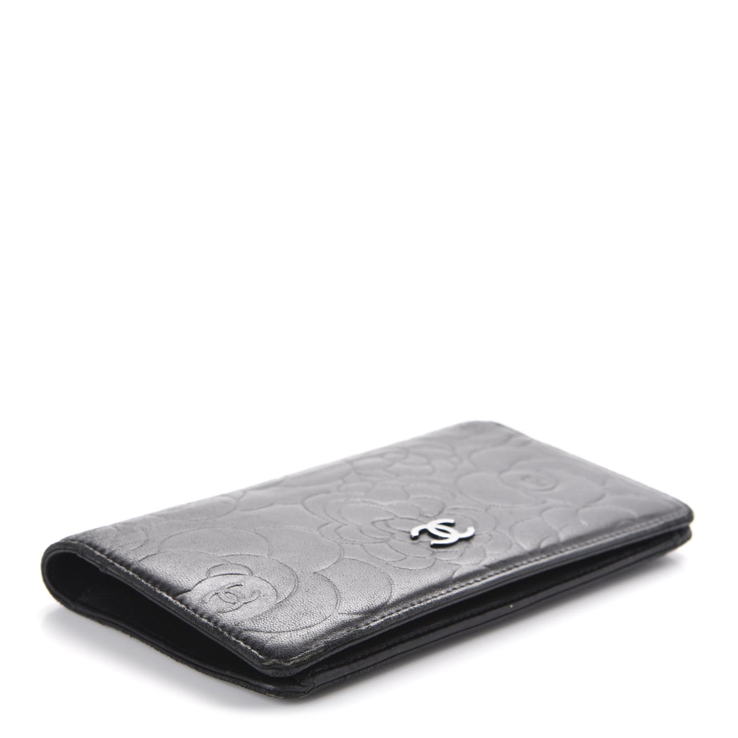 Lambskin Camellia Embossed Yen Wallet Black