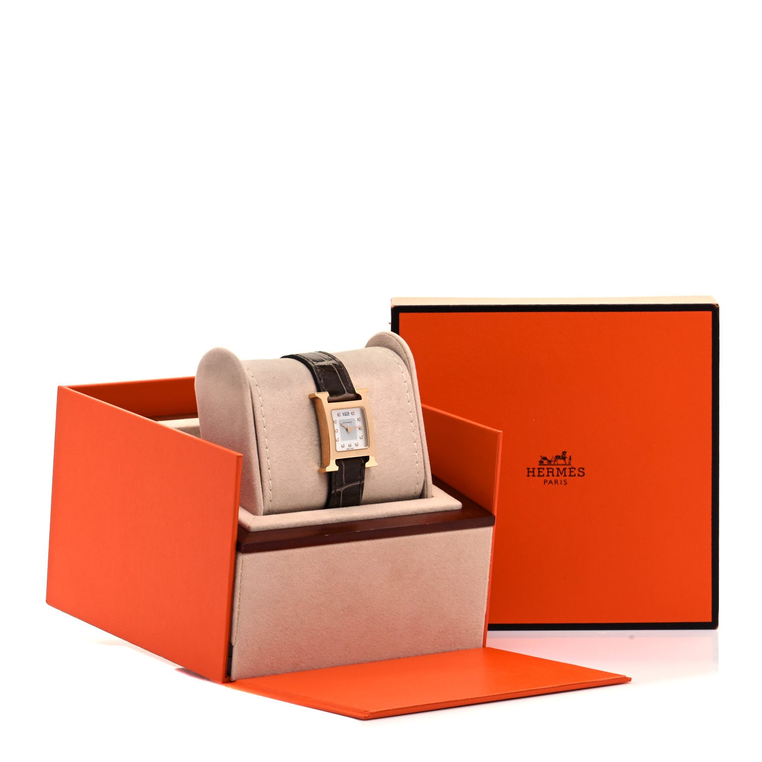 Hermes Stainless Steel Alligator Diamond Mother of Pearl 21mm Heure H Hour Quartz Watch Gris Elephant 5 of 5