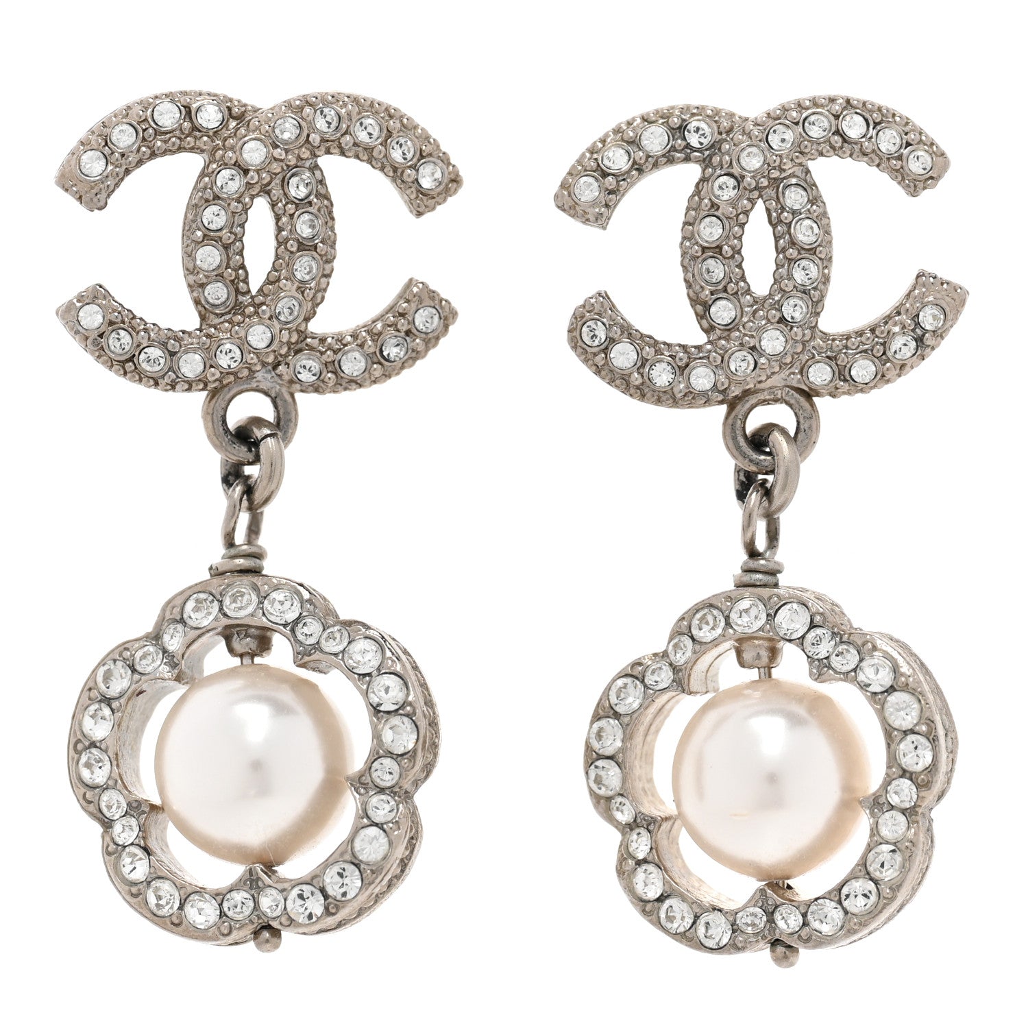 Chanel Crystal Pearl Camellia CC Coco Flapper Drop Earrings Silver 1 of 4