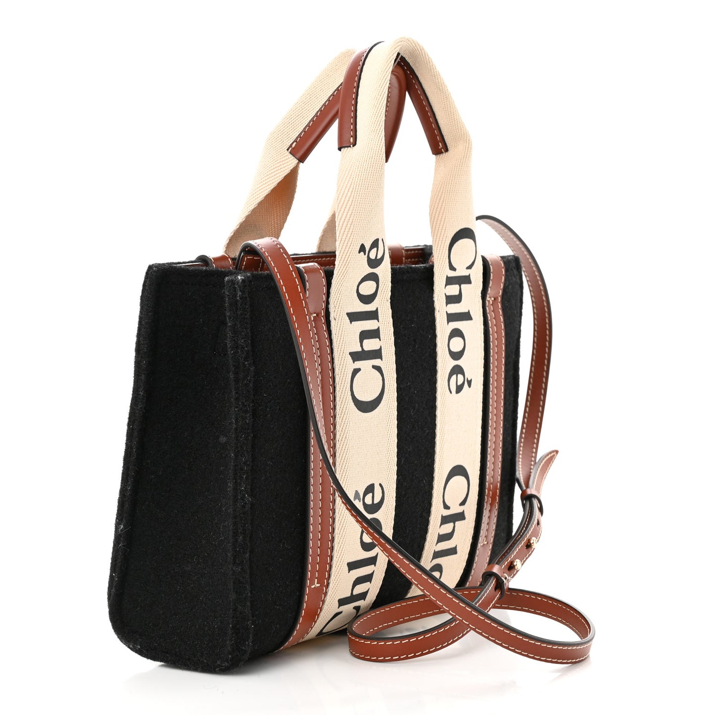 Felt Calfskin Small Woody Ribbon Tote With Strap Black