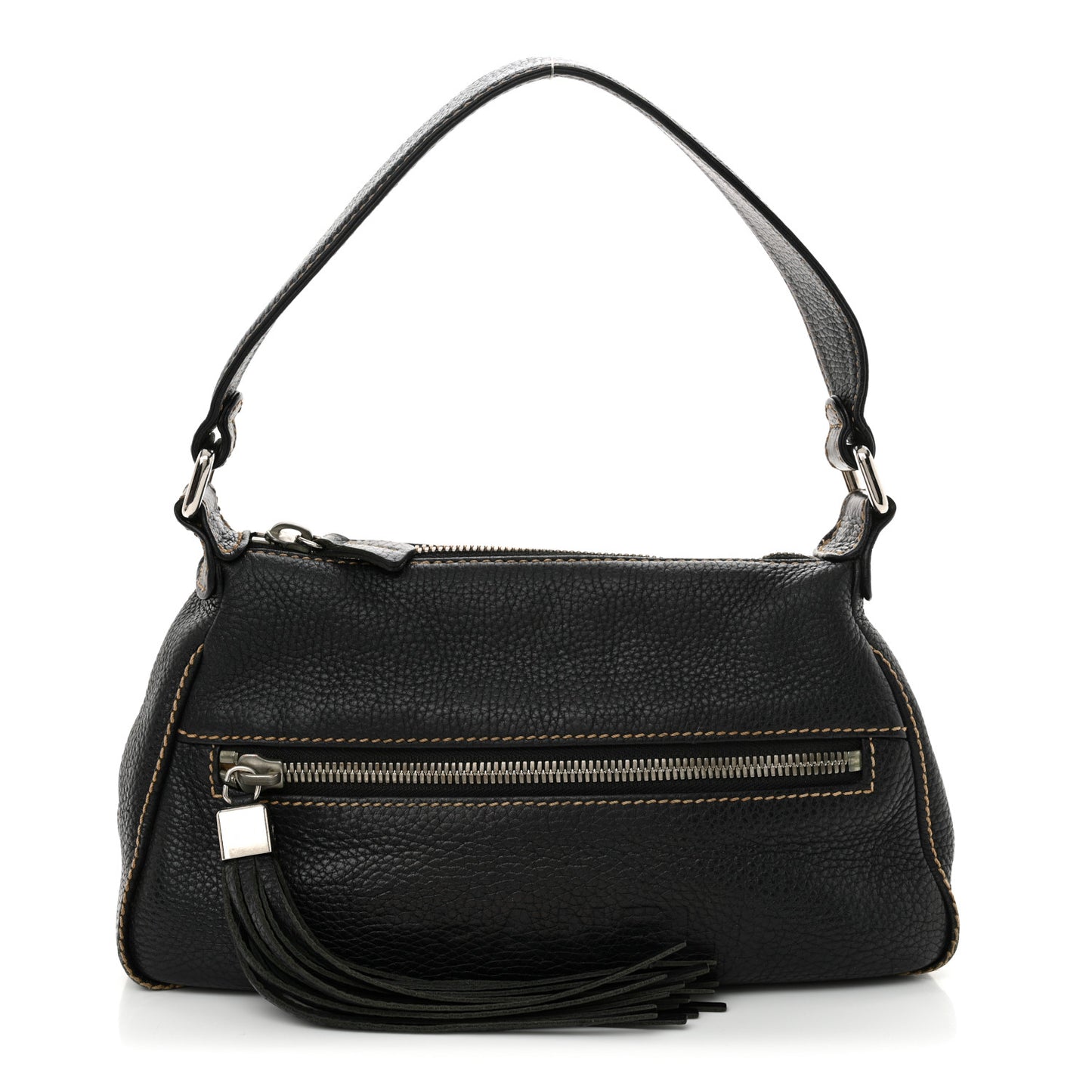 Grained Calfskin Tassel Shoulder Bag Black