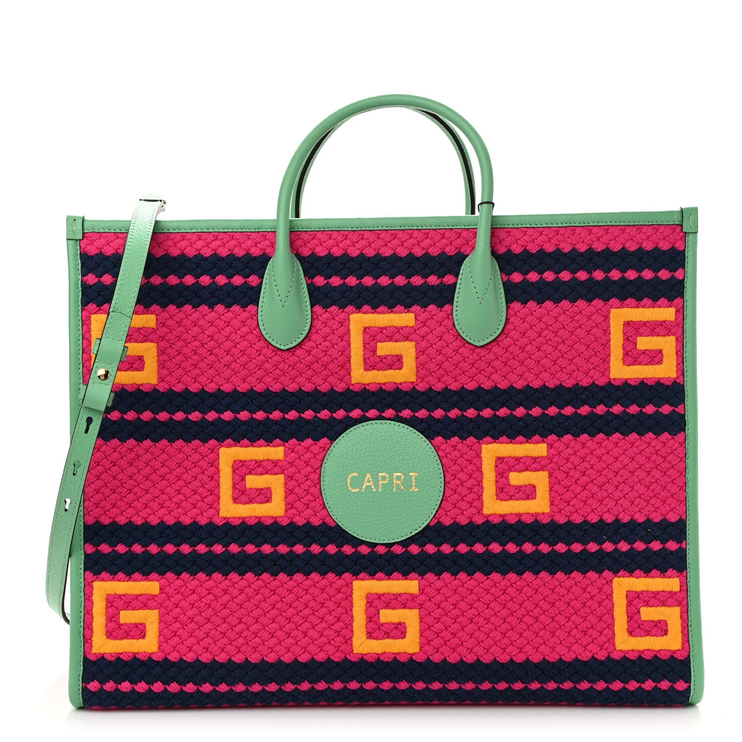 Gucci Fabric Embroidered Capri Striped Tote Bag Violet Fuchsia