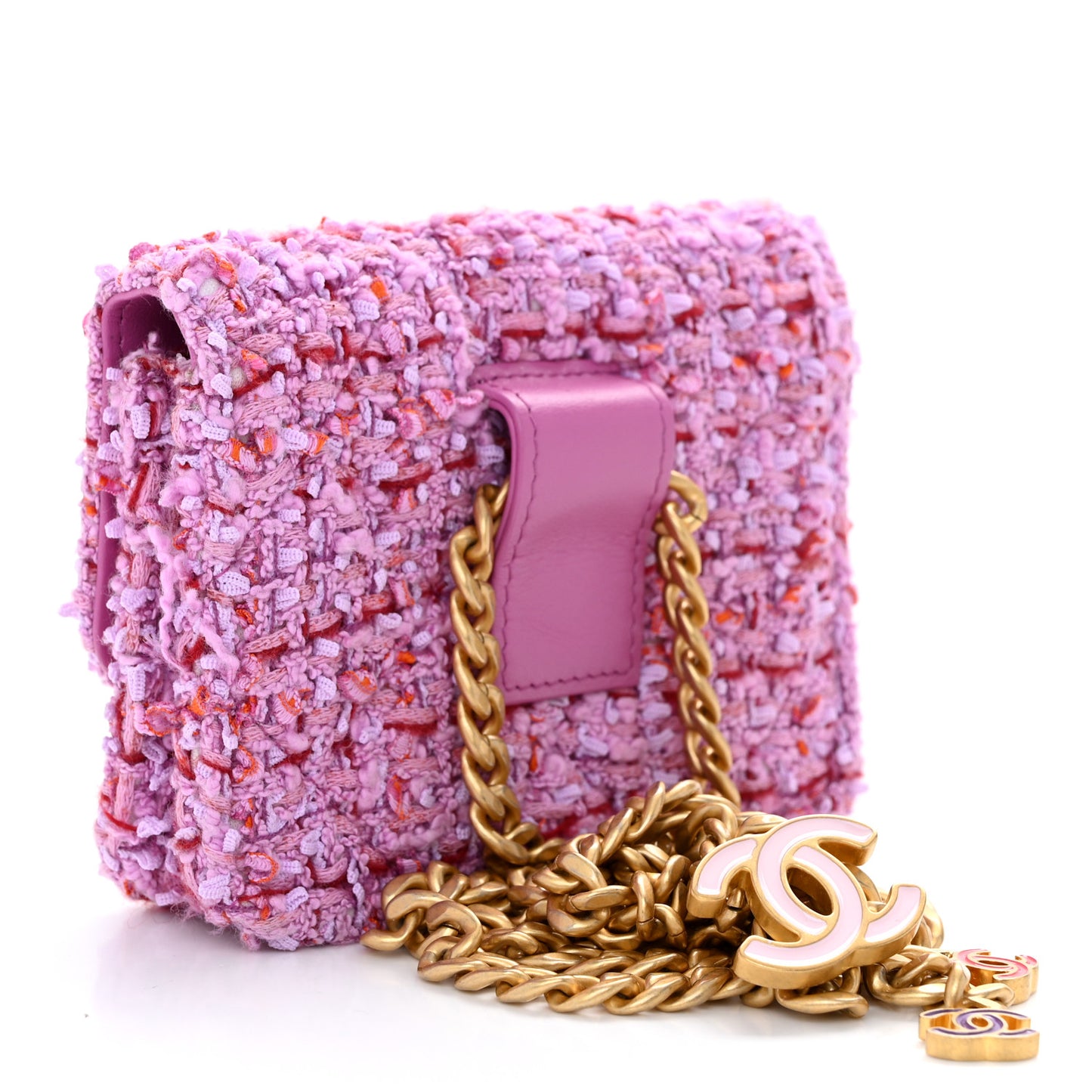 Tweed Enamel Quilted Pending CC Flap Belt Bag Pink Purple