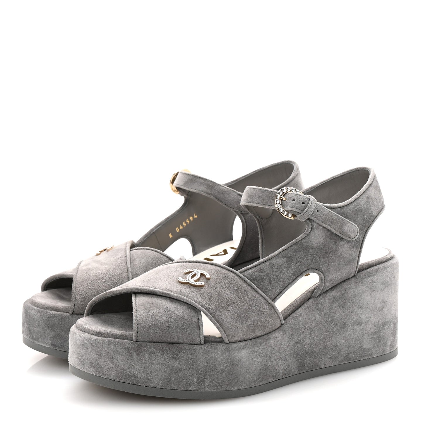 Suede Calfskin Peep Toe Wedge Sandals 37 Grey