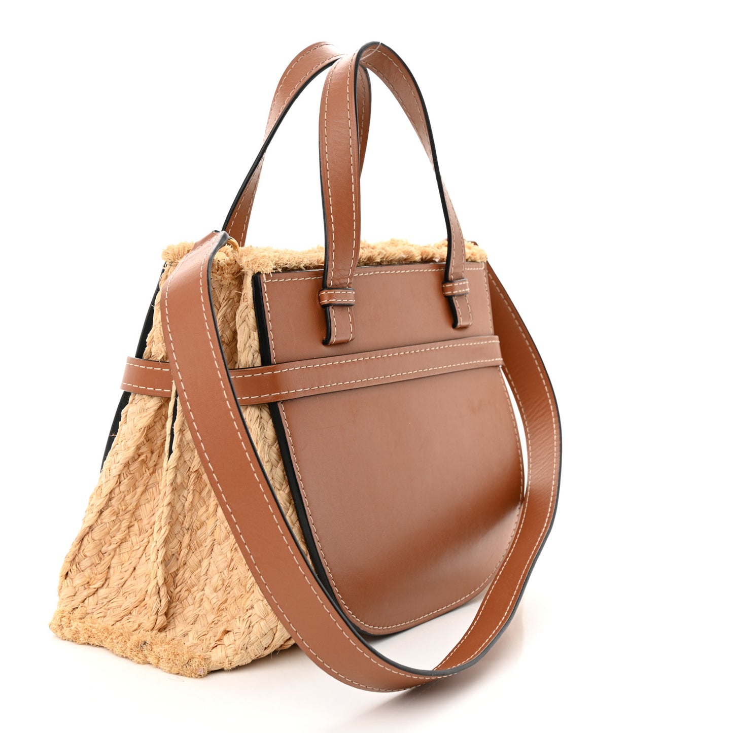 Raffia Calfskin Small Gate Tote Tan Naturel