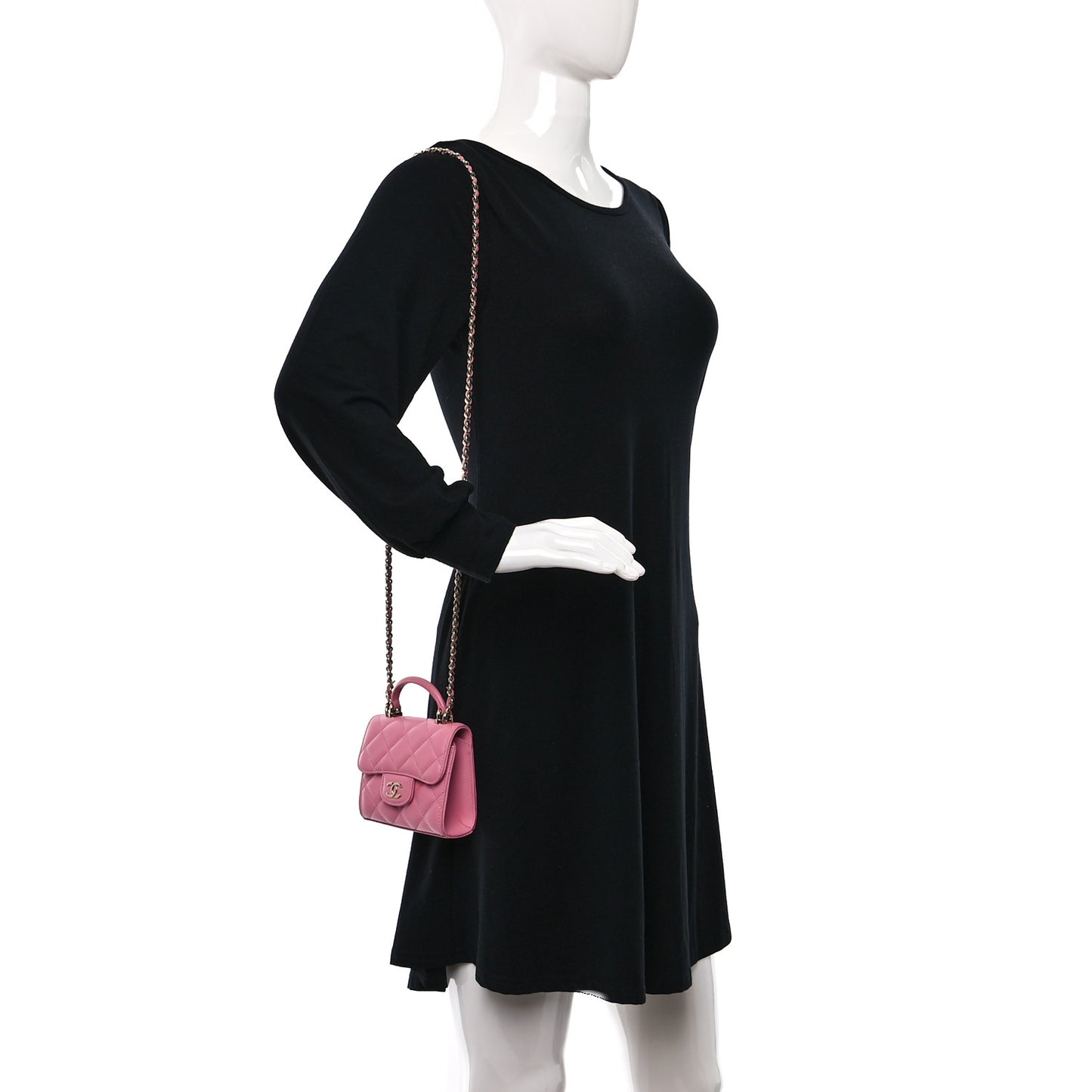Lambskin Quilted Top Handle Clutch With Chain Pink