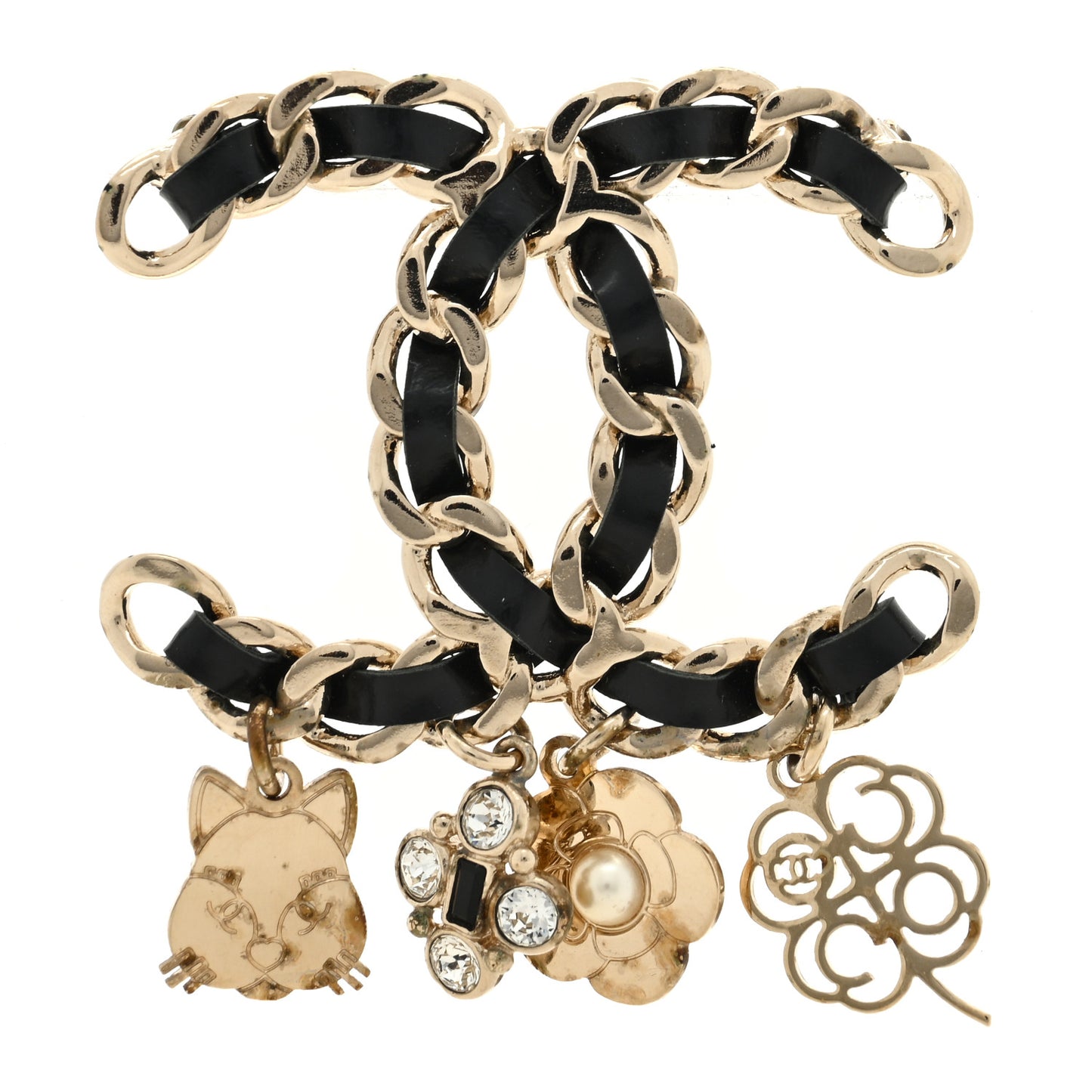 Lambskin Crystal Chain CC Charms Brooch Black Gold