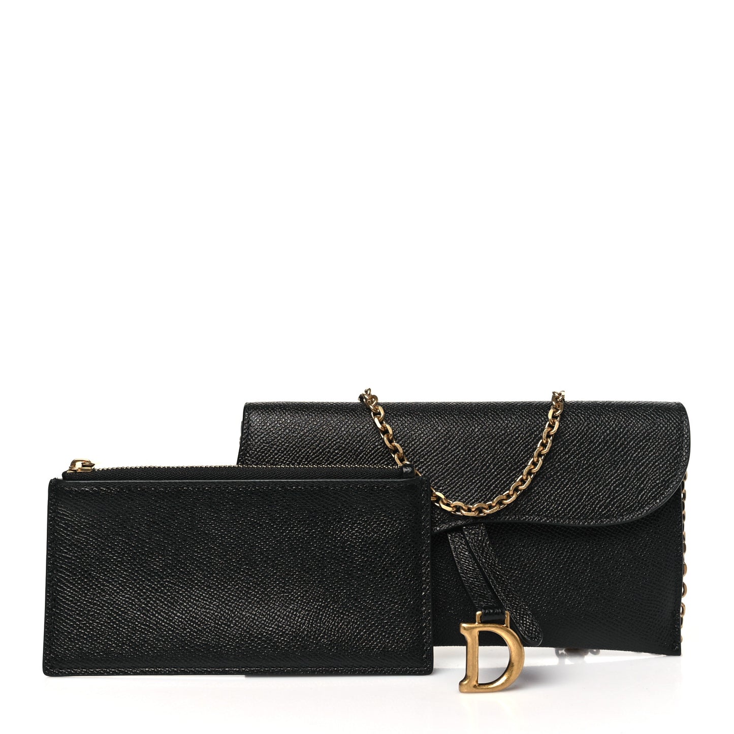 Grained Calfskin Saddle Chain Wallet Pouch Black