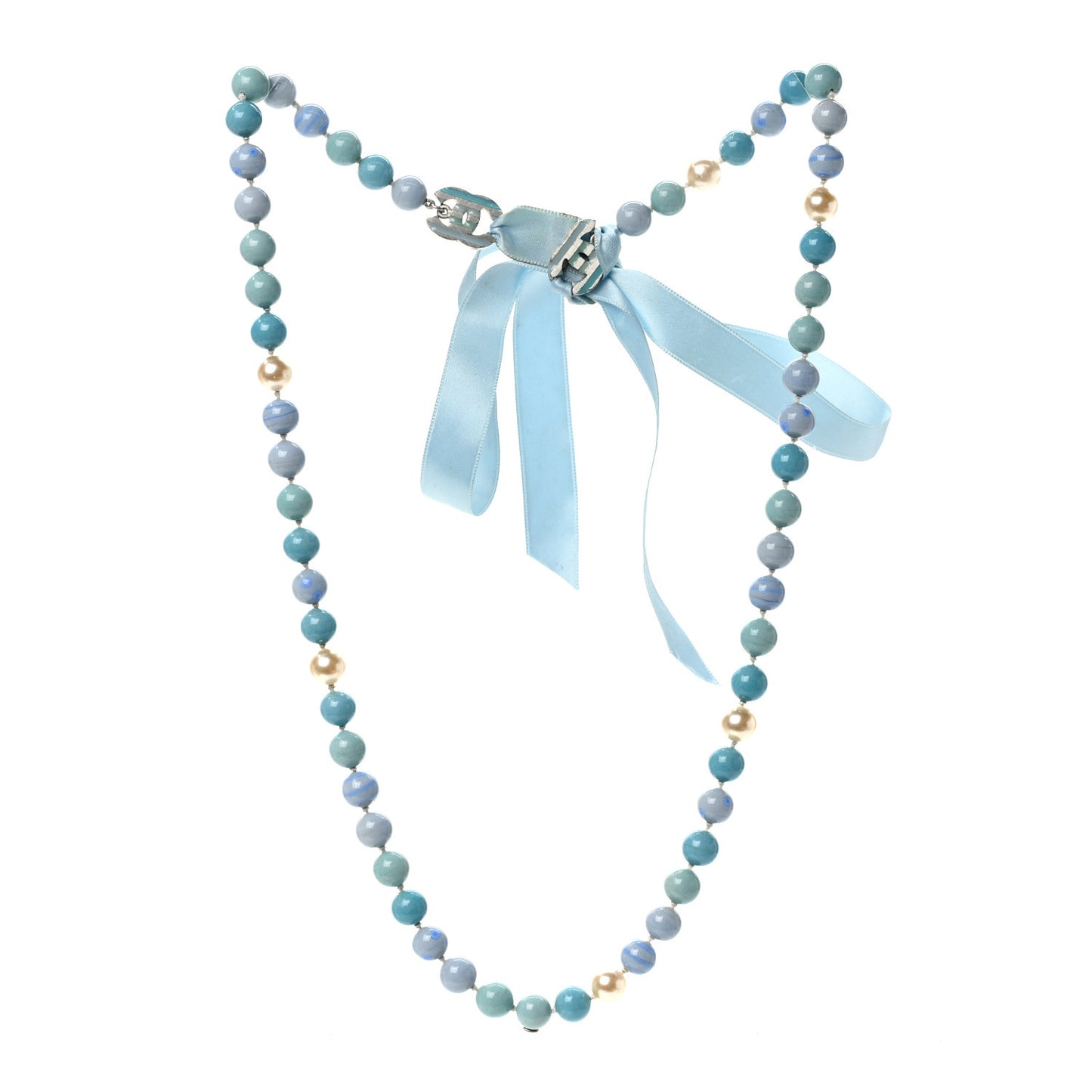 Pearl Beaded Ribbon Necklace Blue