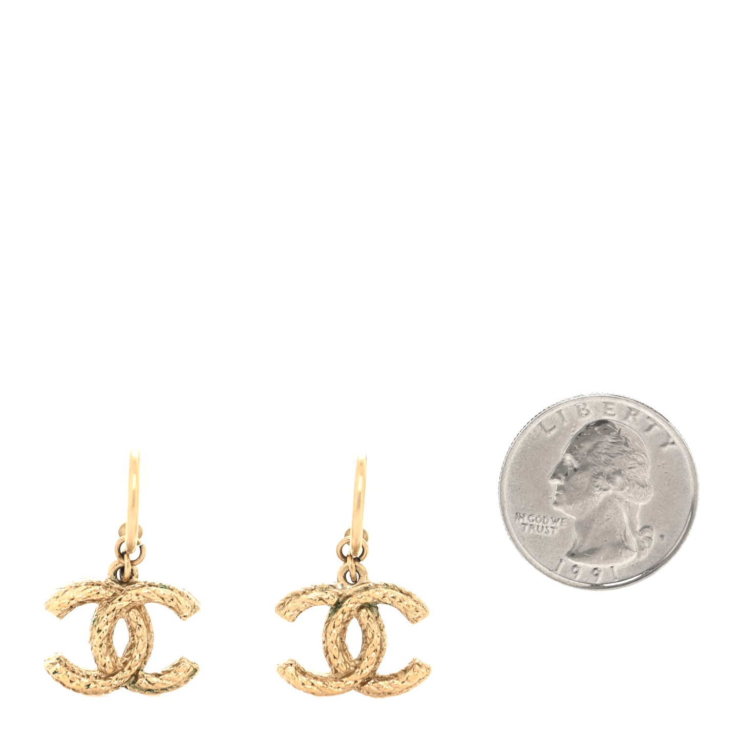 Metal Textured Hoop Drop CC Earrings Gold