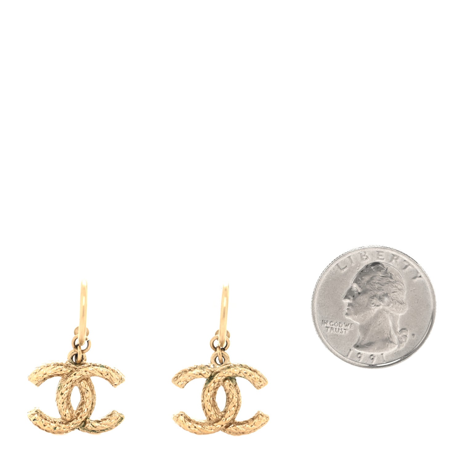 Chanel Metal Textured Hoop Drop CC Earrings Gold 2 of 4