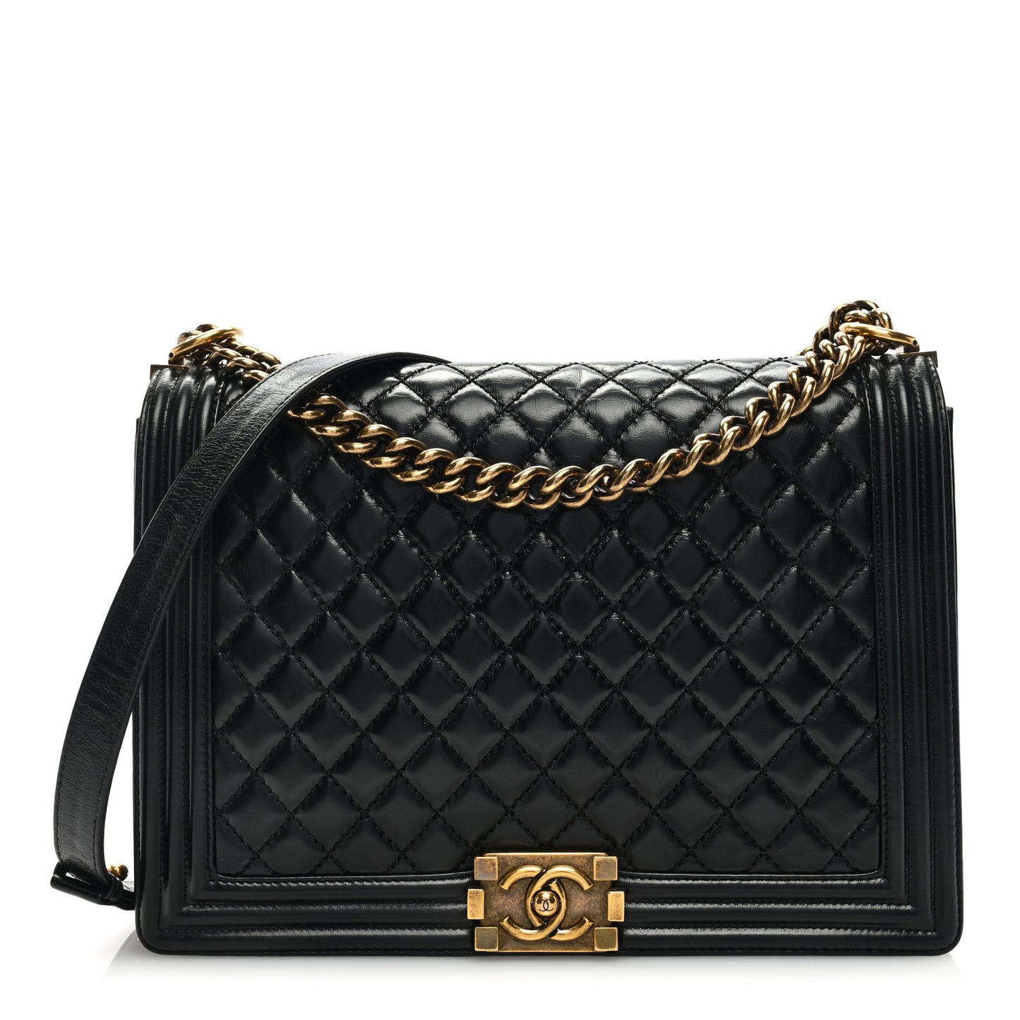 Glazed Calfskin Quilted Large Boy Flap Black