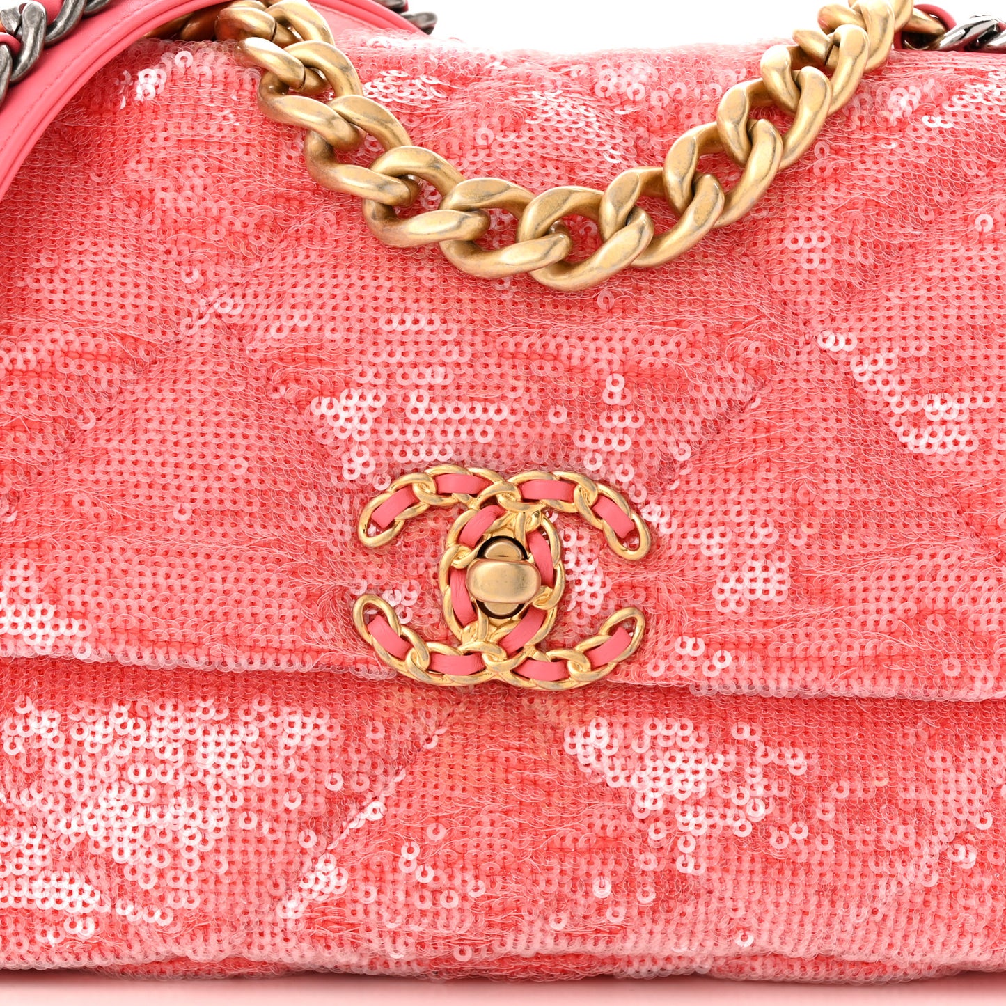 Sequin Quilted Medium Chanel 19 Flap Coral