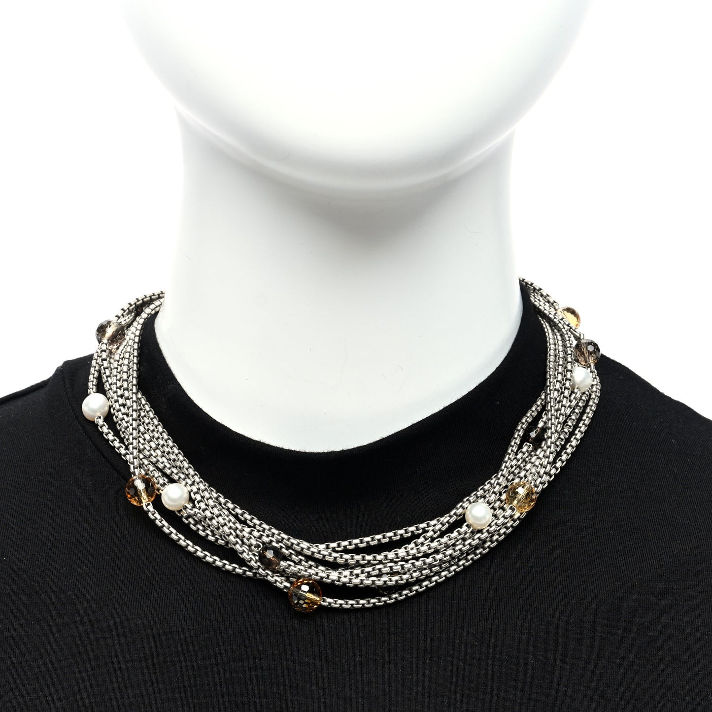 Sterling Silver 18K Yellow Gold Pearl Citrine Smokey Quartz Multi Strand Necklace