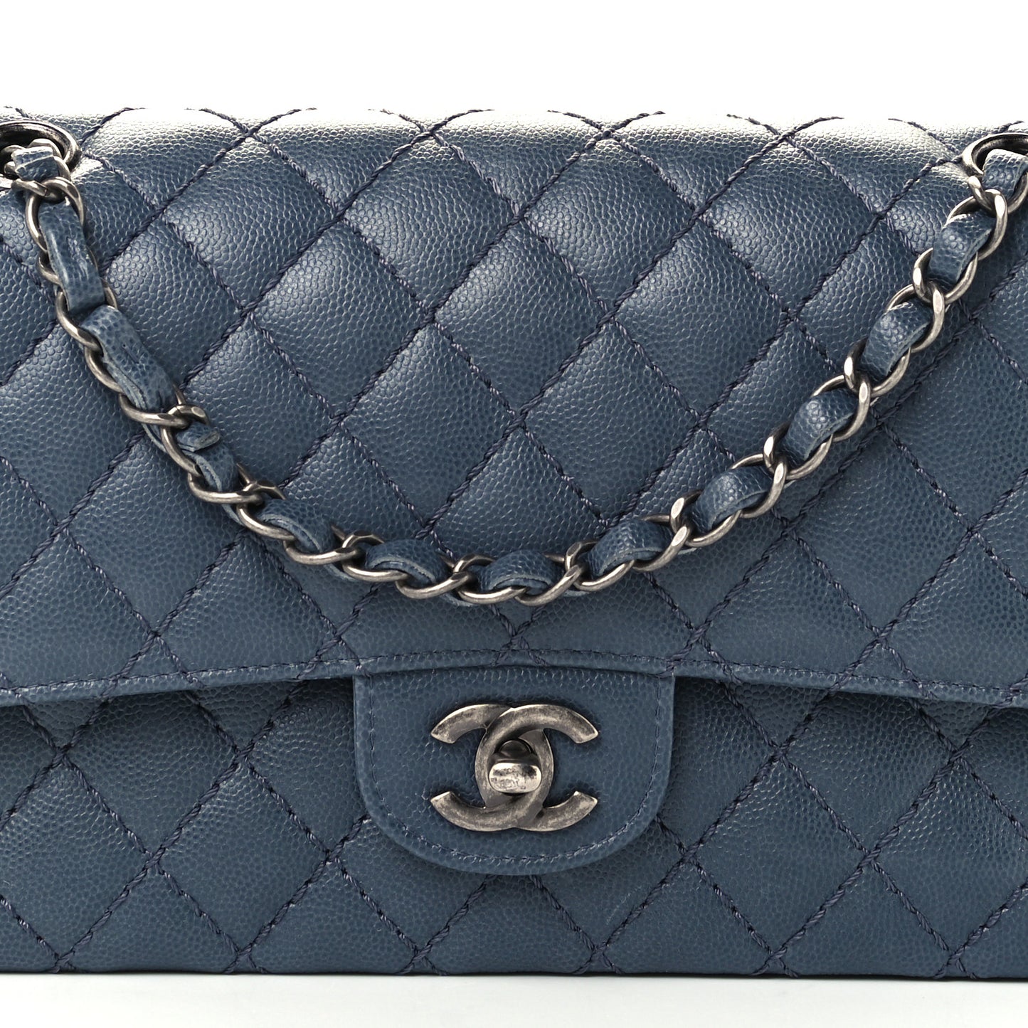 Caviar Quilted Medium Double Flap Grey