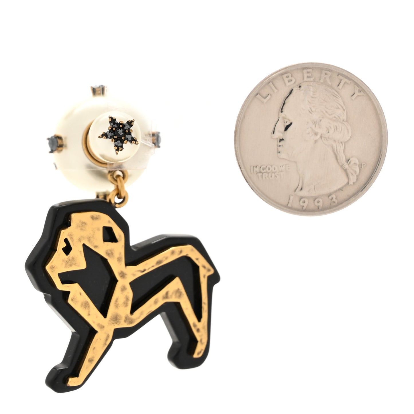 Crystal Pearl Tribales Lion Charm Earring Aged Gold Black