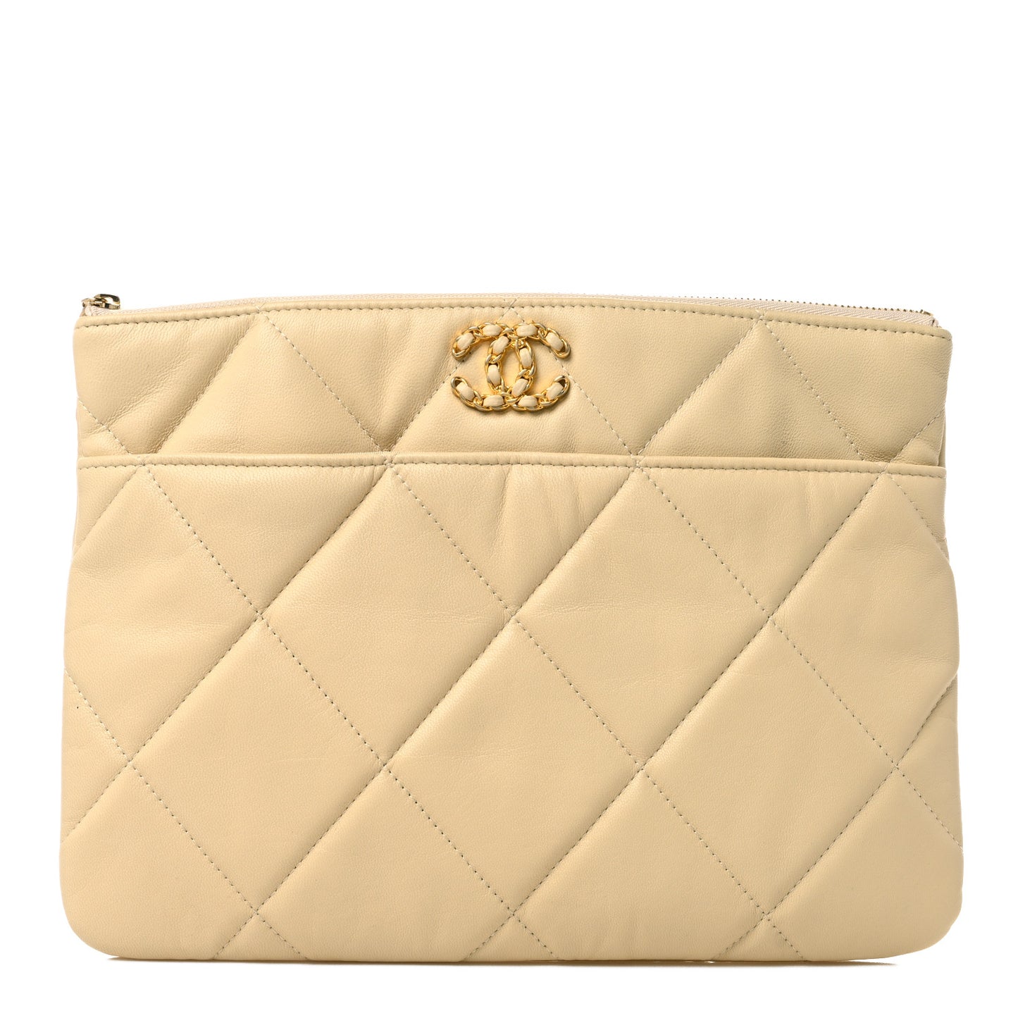 Shiny Goatskin Quilted Chanel 19 Pouch Beige