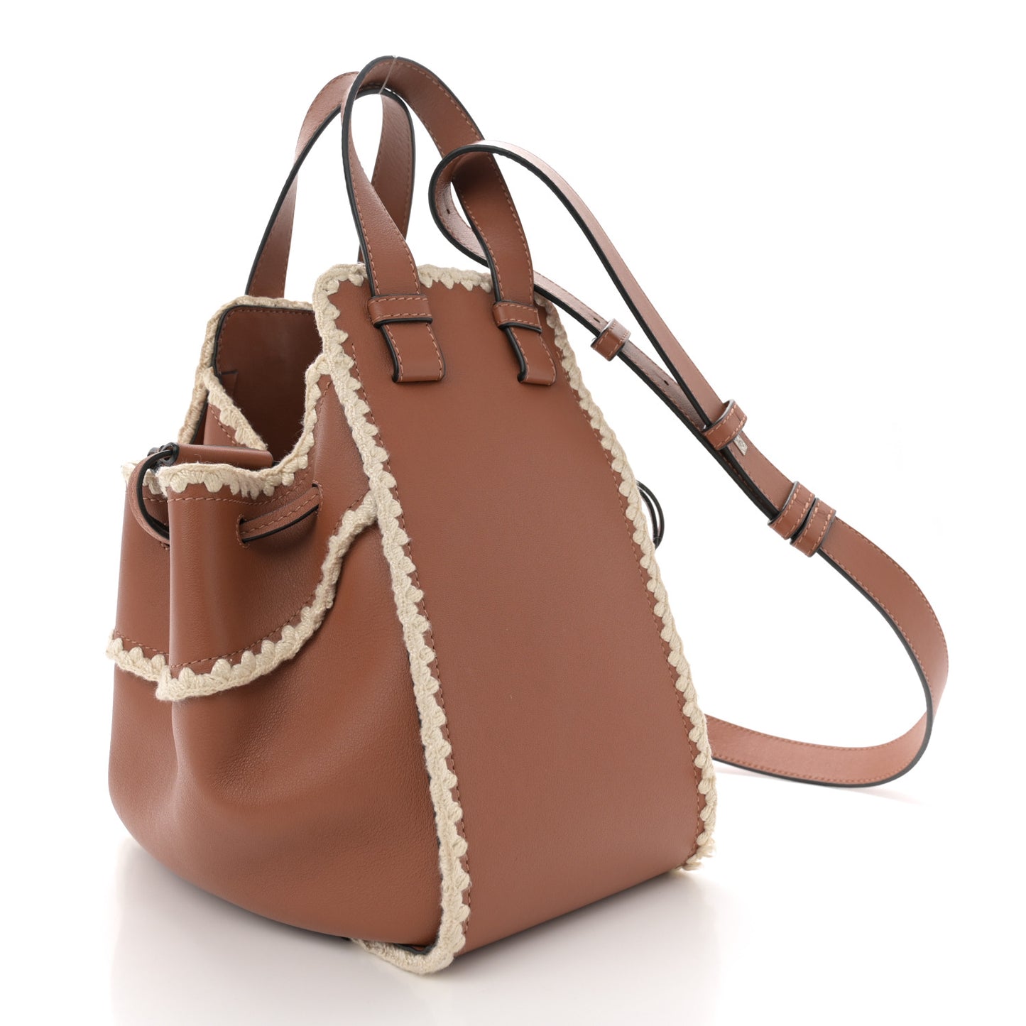 Calfskin Small Crochet Trim Hammock Shoulder Bag Tan