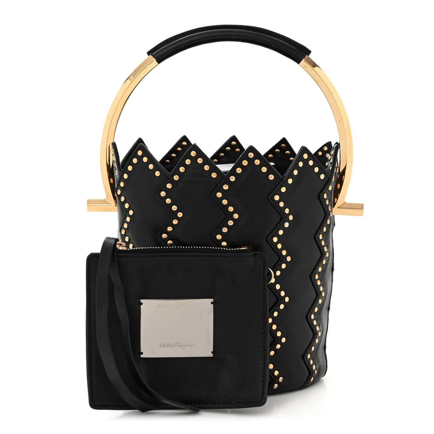X SARA BATTAGLIA Calfskin Studded Zig Zag Bucket Shoulder Bag Black