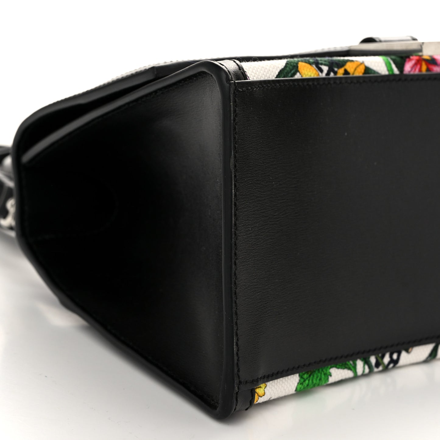 X GUCCI Canvas Boarded Plutone Calfskin Flora Logo Print Small Hourglass Top Handle Bag White Multicolor Black