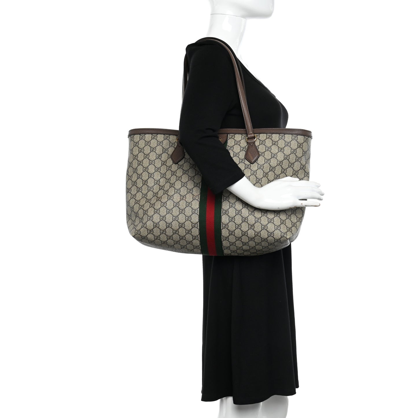 GG Supreme Monogram Textured Calfskin Web Medium Ophidia Shopping Tote Beige Ebony New Acero