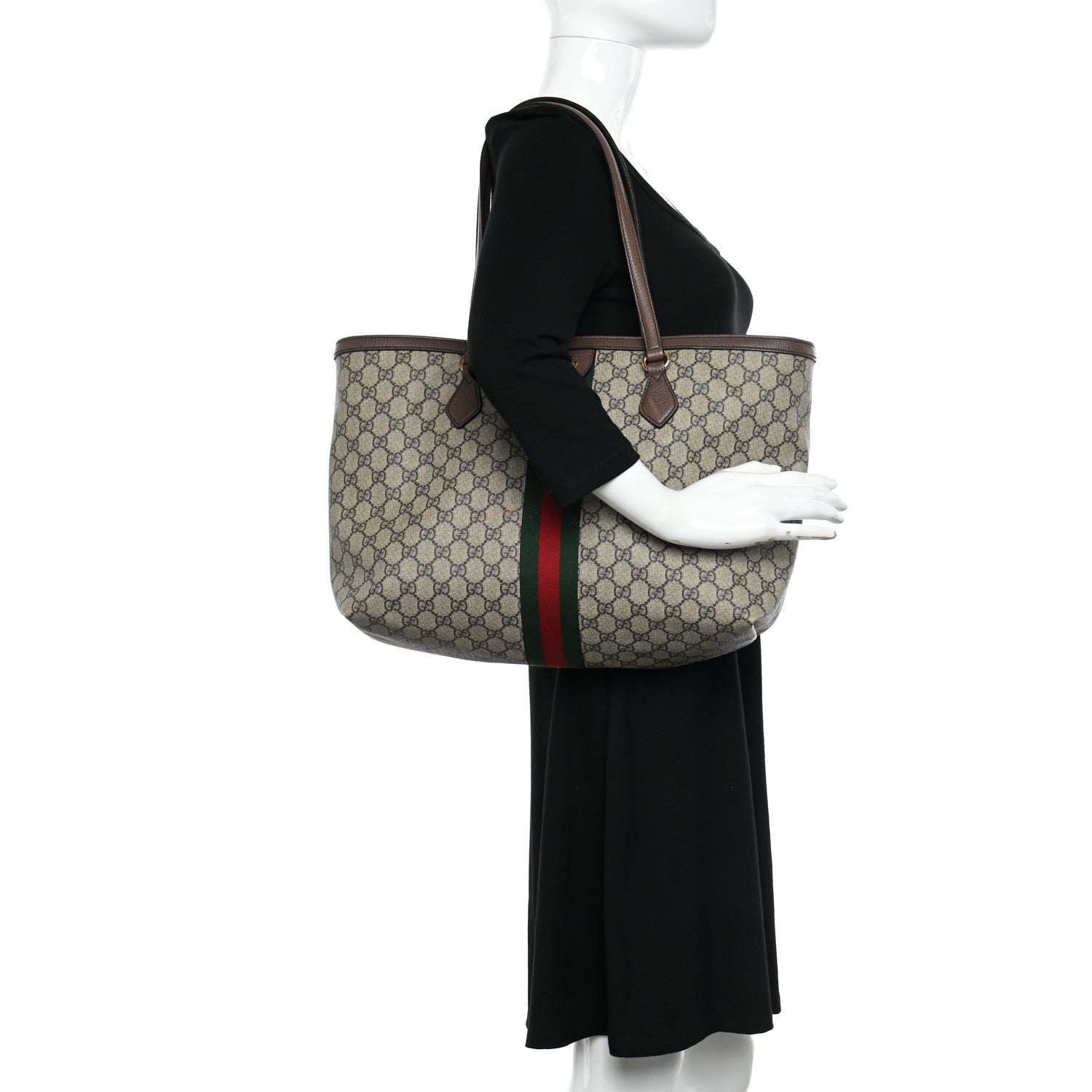 Gucci GG Supreme Monogram Textured Calfskin Web Medium Ophidia Shopping Tote Beige Ebony New Acero 2 of 15