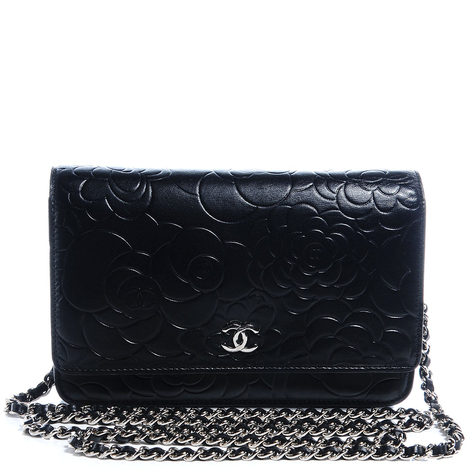 Chanel Lambskin Camellia Wallet on Chain WOC Black 61902