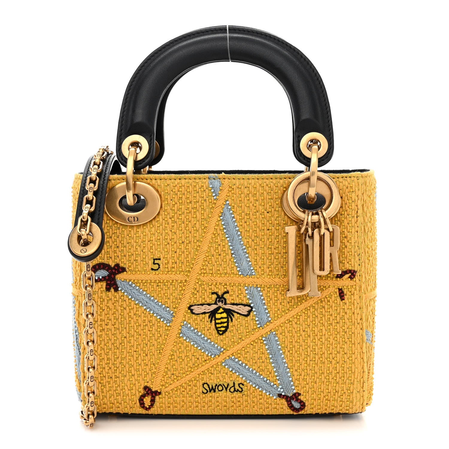 Christian Dior Canvas Embroidered Swords Mini Lady Dior Yellow