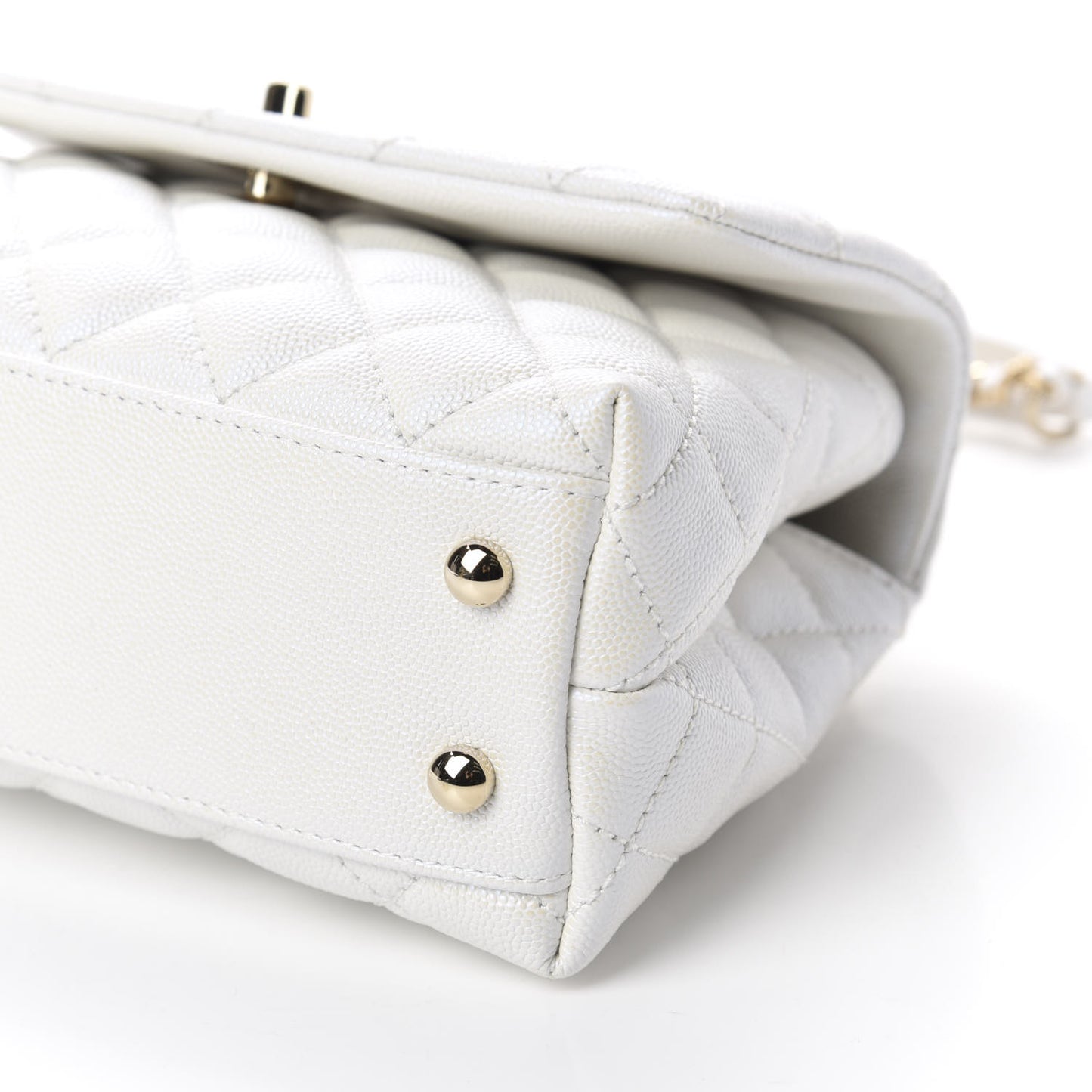 Iridescent Caviar Quilted Mini Coco Handle Flap White