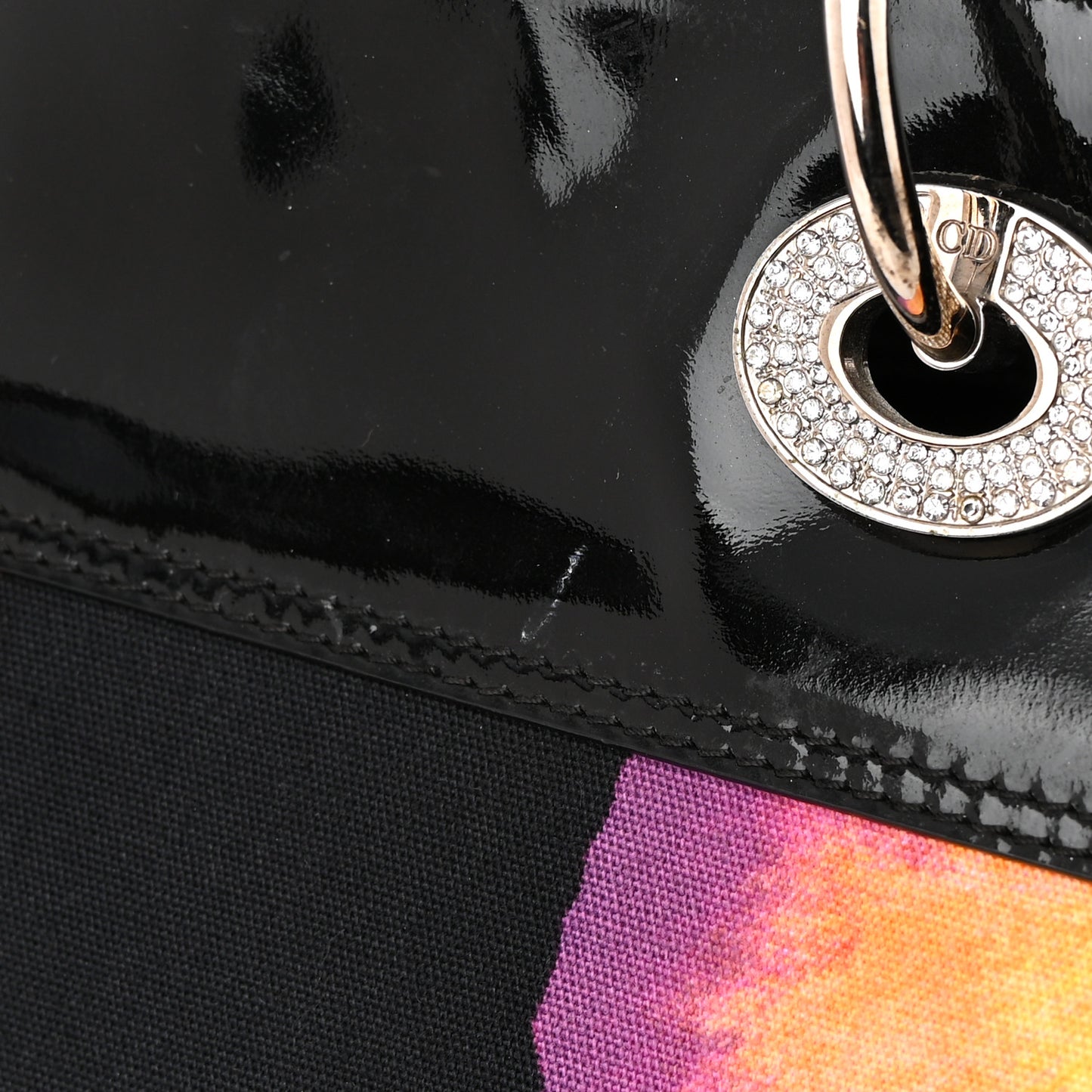 Patent Crystal Embellished Canvas Lips Print Tote Black Multicolor