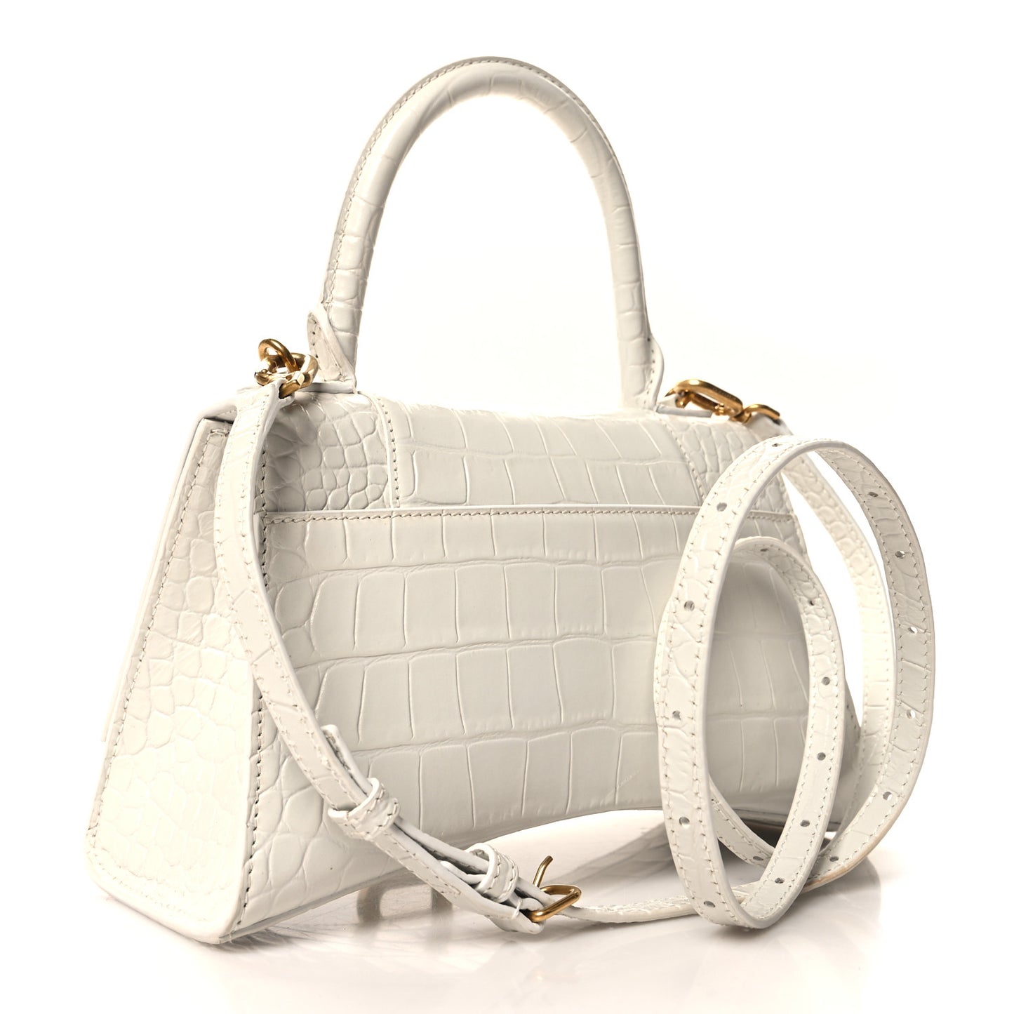 Shiny Calfskin Crocodile Embossed Small Hourglass Top Handle Bag White