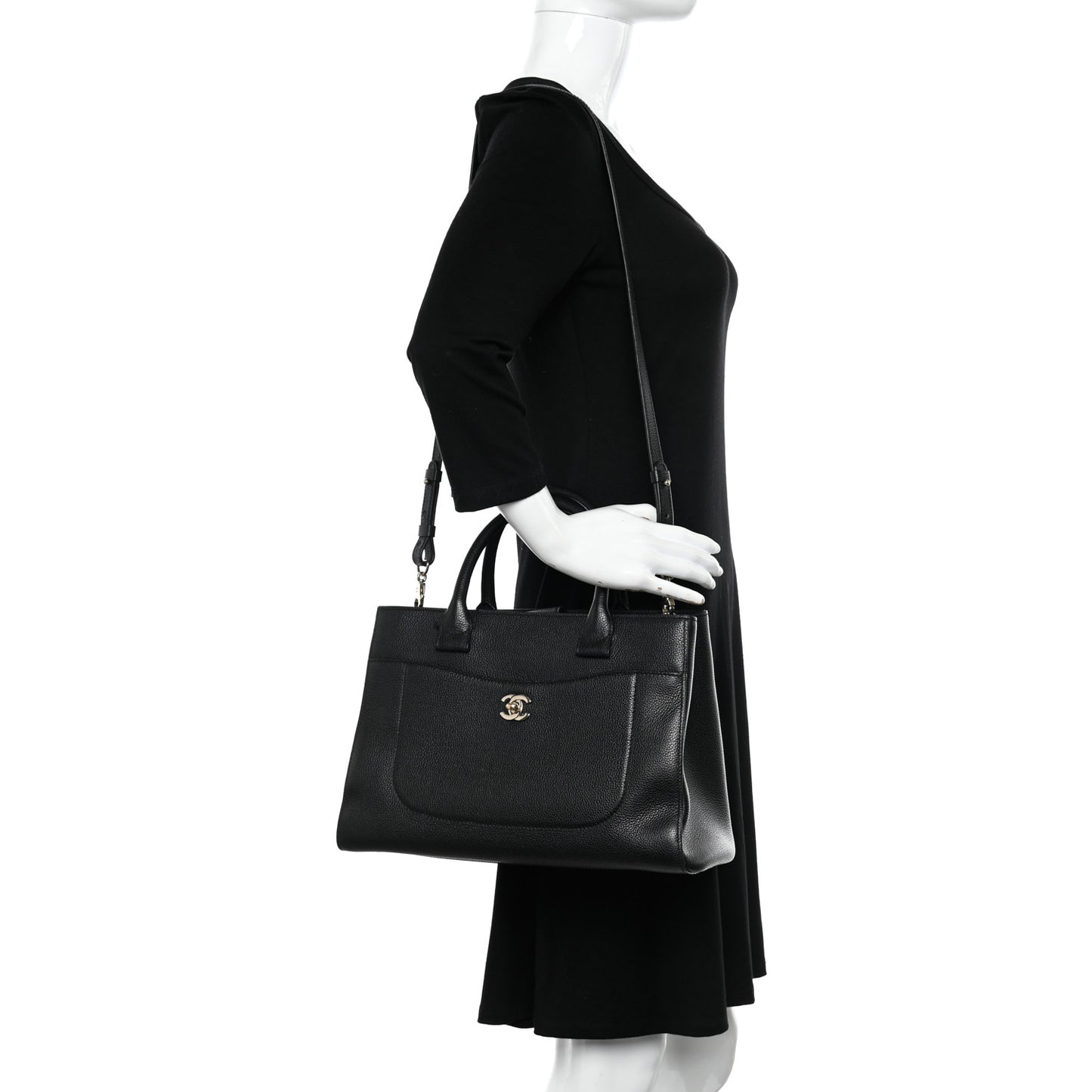 Grained Calfskin Small Neo Executive Shopper Tote Black