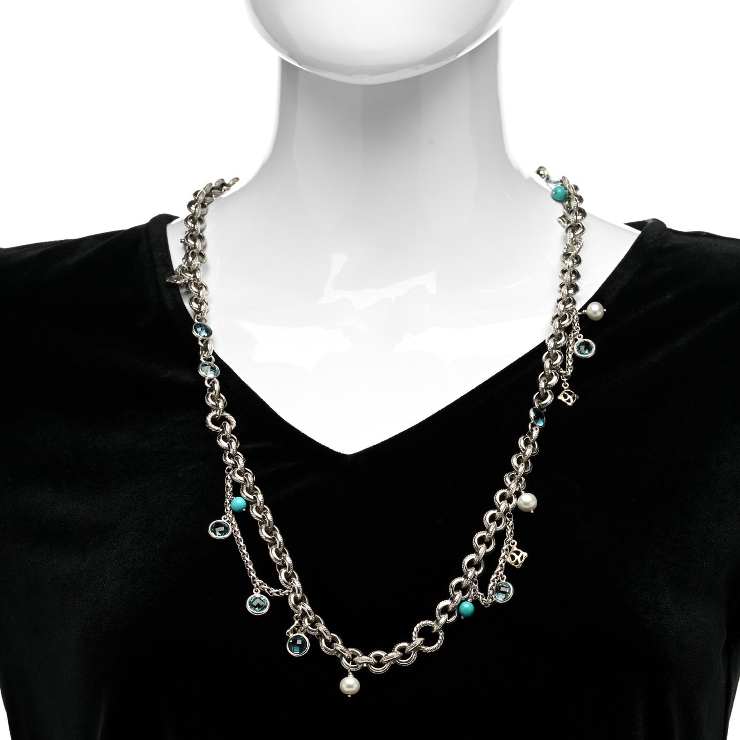Sterling Silver 18K Yellow Gold Blue Topaz Turquoise Pearl Old World Charm Necklace